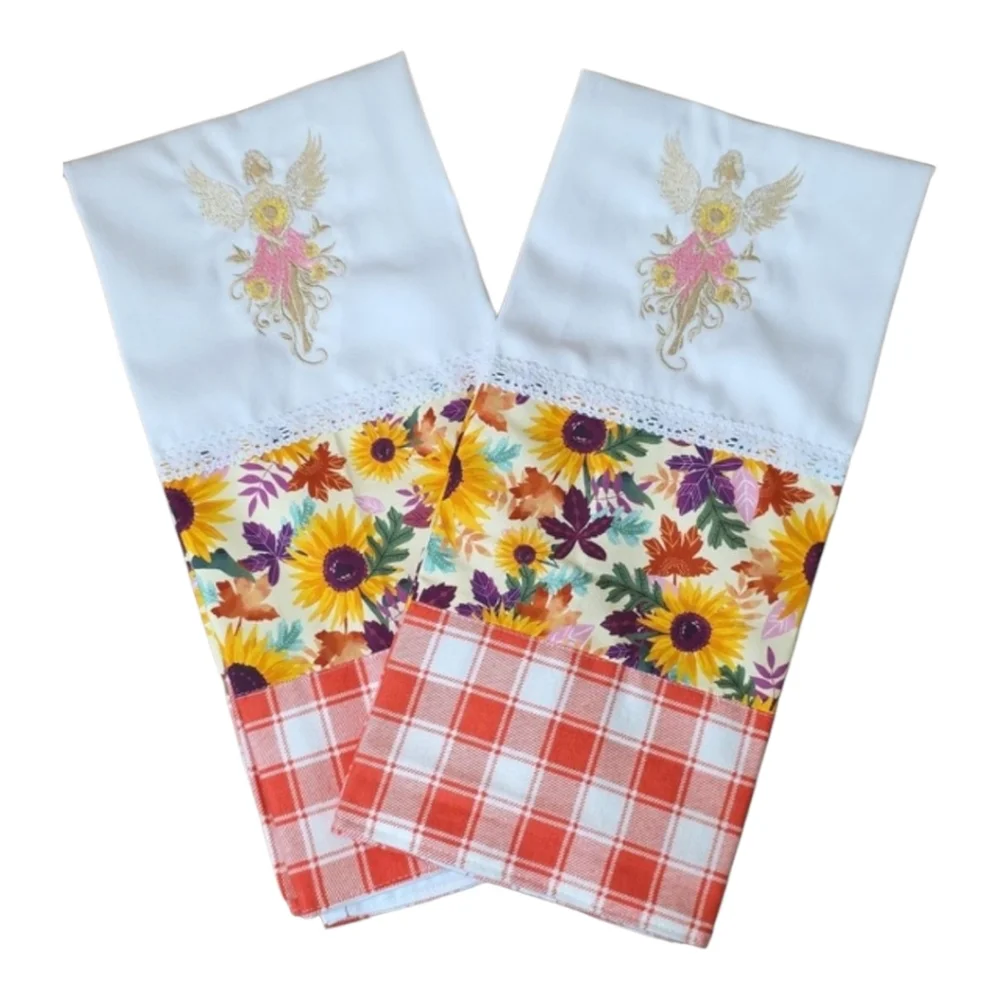 Handcrafted Embroidered Floral Angel Tea Towels Set 2 18